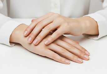 Fototapeta premium Woman's hands resting gently on a white surface in a calm and relaxed manner