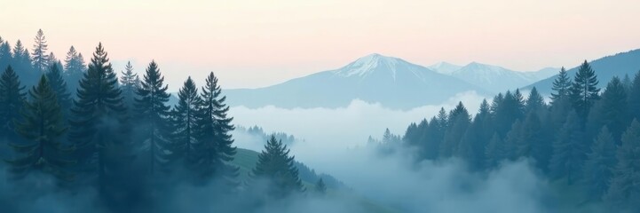 Naklejka premium Towering pines shrouded in dense fog, pale sky above, winter, dense