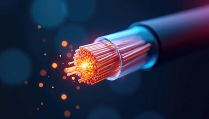 Close-up of an optical fiber cable, showcasing its intricate strands and reflective core , optic, technology background, broadband