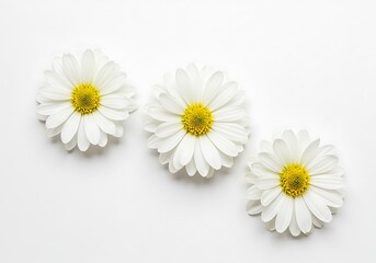 Obraz premium Three white daisies with yellow centers arranged on a white background