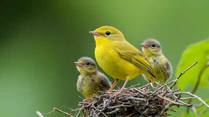 Obraz premium Yellow Bird Family in Nest With Babies