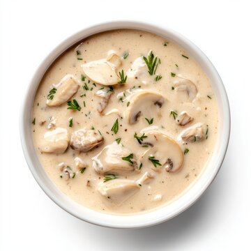 Creamy mushroom soup isolated on white background