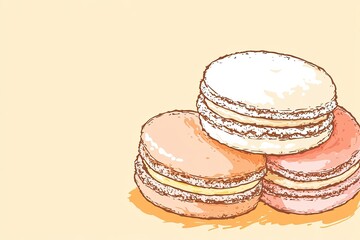 Macarons Stack Sweet French Dessert Illustration on Cream Background.