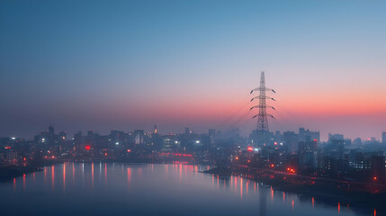Fototapeta premium Aerial View Of City Skyline At Sunrise With Birds Flying Over River