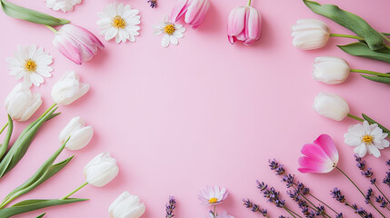 Soft Pastel Pink Flat Lay Design: Tulips with Copy Space for Mother's Day & Valentine's Banner, Volumetric Lighting Ultra-Realistic Detail, Ideal for Greeting Cards, Social Media, Festive Promotions