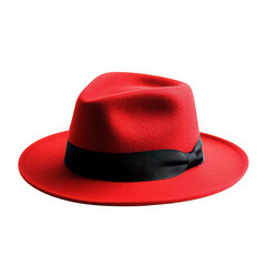 Red fedora hat with black band isolated on transparent background