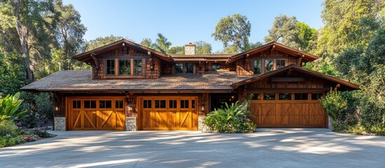 Obraz premium Craftsman House Exterior with Wood Garages in Lush Landscape