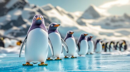 Fototapeta premium Group of penguins are standing on a frozen lake. One of the penguins is looking at the camera