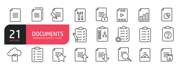 Set of line icons related to downloading, magnifying glass, copying, pencil, sheet music. Outline icons collection. Editable stroke. Vector illustration.