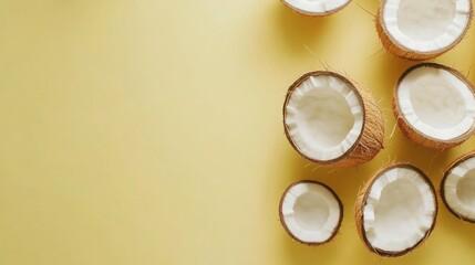 Halved coconuts yellow background food blog