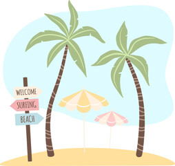 Hand drawn vector clip art of palms and beach umbrella isolated. Summer vacation illustration.