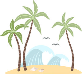 Hand drawn vector clip art of palms and waves isolated. Summer vacation illustration.