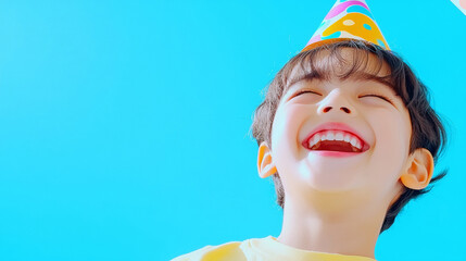 Smiling young asian boy kid wearing party hat happy festive advertising commercial fashion bright celebration blue background