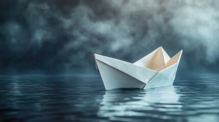 Obraz premium Paper Boat Floating on Water during Stormy Weather Depicting Calmness and Resilience, a Symbol of Childhood Dreams, Adventure, and Overcoming Challenges in a Dark and Moody Setting
