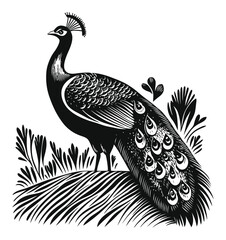 Fototapeta premium Elegant Black and White Vector Illustration of a Peacock in Nature