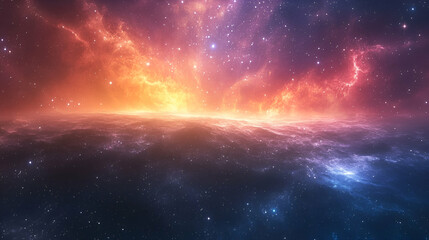 Vast cosmic landscape of vibrant nebulae and starry expanse.
