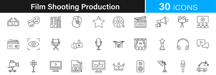 Film Shooting Production,  movie production, film set, film crew, cinematography, film direction icon pack | Detailed Outline | Editable Stoke 30 icon | Victor illustrator.