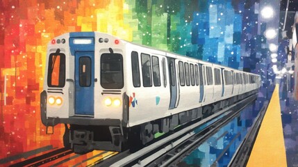 Fototapeta premium Detailed white and blue train approaching a brightly lit station with vibrant abstract rainbow background