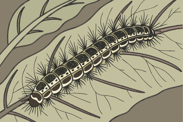 177 close-up macro shot, highly detailed insect caterpillar crawling on leaf, grey and brown colors, textured body segments, intricate patterns, sharp focus, realistic, nature photography