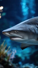Naklejka premium Majestic Shark Portrait Swimming Underwater with Sharp Teeth on Display against a Blue Bokeh Background