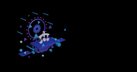 Obraz premium White baby mobile on a pedestal of abstract geometric shapes floating in the air. Abstract concept art with flying shapes on the left. 3d illustration on black background
