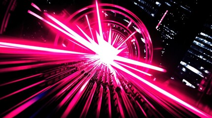 Obraz premium Digital illustration of bright pink and white light emanating from circular tunnel with cityscape background