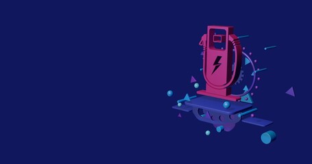 Pink electric charging station symbol on a pedestal of abstract geometric shapes floating in the air. Abstract concept art with flying shapes on the right. 3d illustration on indigo background