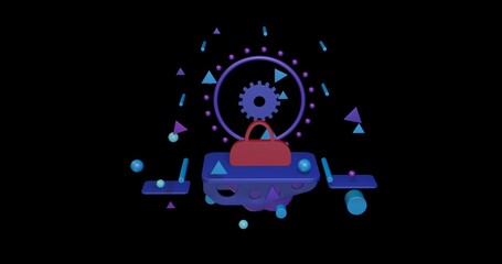 Red sports bag symbol on a pedestal of abstract geometric shapes floating in the air. Abstract concept art with flying shapes in the center. 3d illustration on black background