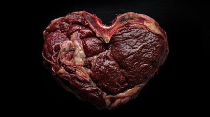 Heart-shaped steak, dark background, butcher shop, food photography
