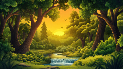 Vibrant lush green forest with tall trees and flowing stream at sunset captu the beauty of nature and peaceful outdoor landscape scenery with warm golden light