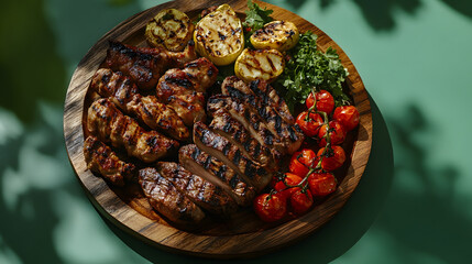 Wooden platter showcasing a variety of grilled meats and vegetables, arranged attractively.  Colorful cherry tomatoes and herbs complement the meal.