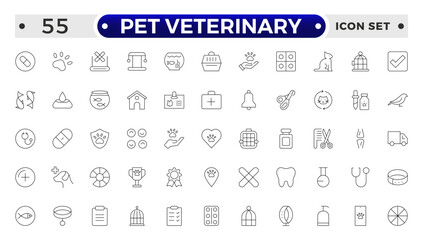 Set of line icons related to pet, care, veterinary, vet, and healthcare. Set of outline veterinarian icons. Animals veterinary icons. Pet and Vet Line Icon Set. Outline icon collection.