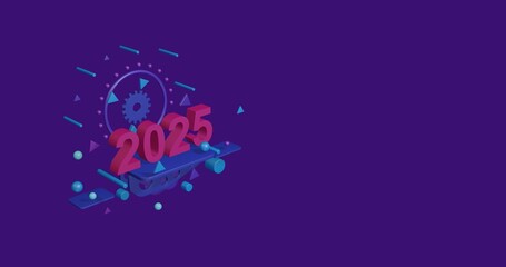 Pink 2025 year symbol on a pedestal of abstract geometric shapes floating in the air. Abstract concept art with flying shapes on the left. 3d illustration on deep purple background