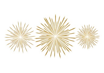 Obraz premium Three golden starbursts radiate on a white background, creating a festive and celebratory design