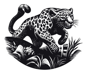 Detailed Black and White Vector Illustration of a Cheetah Moving Through Grass