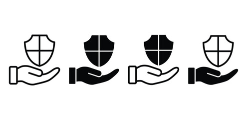 Safety Icon Hand Holding a Shield Black and White Color Vector Design Illustration