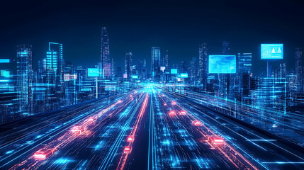 Futuristic City Nightscape: Blue And Red Illuminated Highway Traffic
