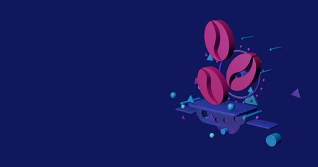 Pink coffee beans symbol on a pedestal of abstract geometric shapes floating in the air. Abstract concept art with flying shapes on the right. 3d illustration on indigo background