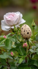 Obraz premium Delicate Rose Blossom with Quail Egg Springtime Garden Scene Symbolism Nature Photography