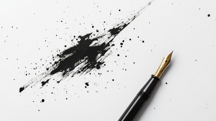 Fototapeta premium Ink spill, fountain pen, white paper, abstract background, writing