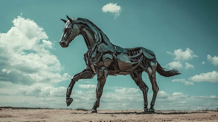 Impressive and majestic metal sculpture of a galloping horse with intricate details standing outdoors against a cloudy sky scene