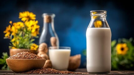 Bottle of milk is placed on a table next to a bowl of nuts and a vase of flowers. The table is surrounded by potted plants, creating a cozy and inviting atmosphere