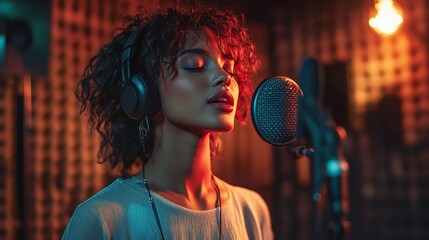 A charming singer with styled hair and light skin recording a solo in a booth
