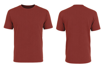 A plain maroon t-shirt displayed from the front and back, showcasing its simple design and fabric texture, suitable for casual wear or promotional use