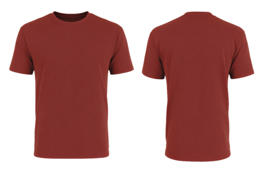 A plain maroon t-shirt displayed from the front and back, showcasing its simple design and fabric texture, suitable for casual wear or promotional use