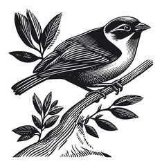Naklejka premium Detailed Black and White Illustration of a Bird Perched on a Branch