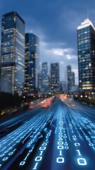Fototapeta premium Cityscape with Data Stream Overlay: Technology, Futuristic, and Night Life Concept