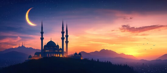 Obraz premium Mosque at Sunset with Crescent Moon
