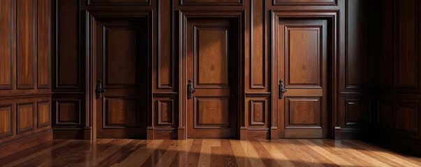 Dark wood-paneled room, three identical doors, shadowed corners , horror, aged