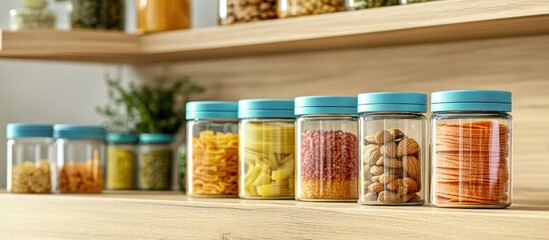 Kitchen pantry shelf with glass jars of food